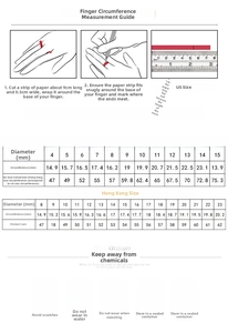 Detailed size guide for Roman Numeral rings with US and HK size charts and measurement steps