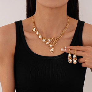 Luxury gold drop water rhinestone necklace and earrings jewelry set for women