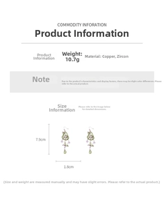 Detailed view of zircon butterfly flower earrings with dimensions and copper material info