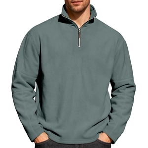 Men's sage green fleece quarter-zip sweatshirt featuring a stand collar and relaxed fit