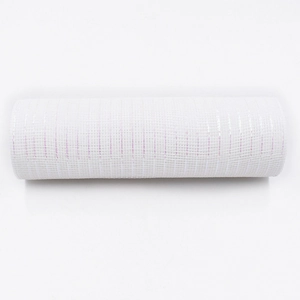 Close-up of white PP mesh ribbon roll for DIY Christmas tree decoration and gift wrapping