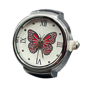 Silver quartz ring watch with white Roman numeral dial and red butterfly motif