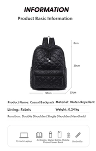 Dettaglio zaino trapuntato impermeabile, materiale leggero 0,24 kg con dimensioni e funzioni
