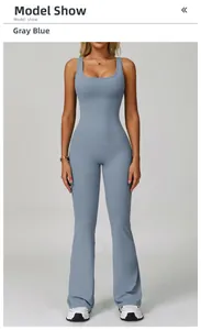 Slim fit grey-blue sleeveless yoga jumpsuit with scoop neck and flared leg design