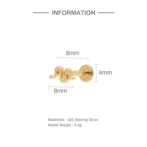Detailed view of gold snake-shaped S925 sterling silver ear stud with 8mm post measurements