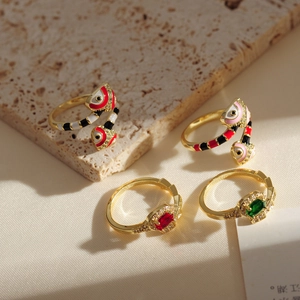 18K gold plated snake rings and gemstone band set with colorful enamel and micro-pave details