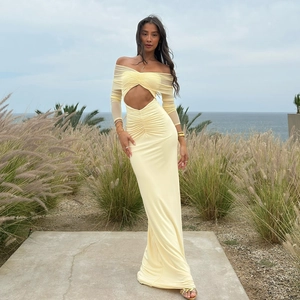 Robe Maxi Épaules Dénudées Mesh Patchwork Froncé Cut Out Manches Longues Sexy Slim Fit Bodycon Pour Femmes