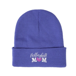 Close-up of Volleyball MOM embroidery and pink heart-shaped volleyball on purple beanie