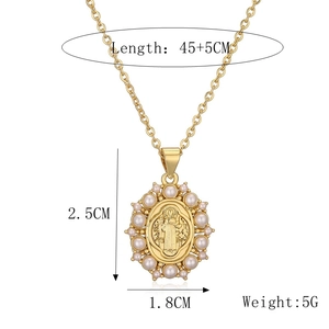 Detail of gold Saint Benedict medal necklace with pearl halo and 45+5cm chain specs