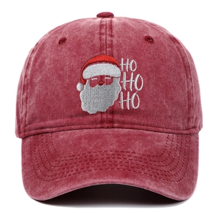 Distressed burgundy baseball cap with Santa Claus embroidery and HO HO HO text