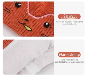 Détails du bonnet tricoté pour enfants avec texture côtelée orange et doublure polaire