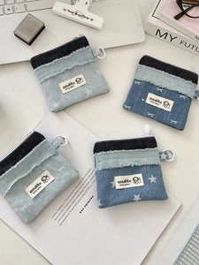 Mini Denim Münzbörse Reißverschluss Kartenhalter Mit Haken Kawaii Patchwork Fransen Schmetterling Stern Print Damen Mädchen