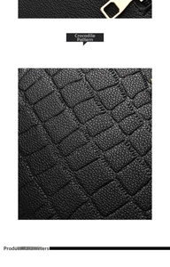 Detail of premium black crocodile embossed texture and gold metal zipper on ladies bag