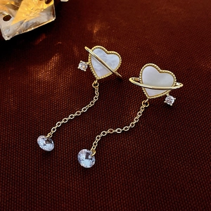 Elegant Heart Saturn Planet Dangle Earrings With White Shell Zircon And 925 Sterling Silver Earring Post For Women