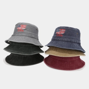 Washed cotton bucket hat with USA flag embroidery in various vintage colors