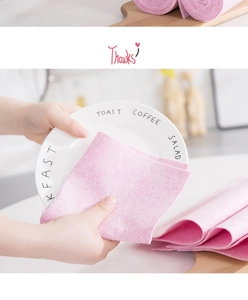 Close-up of pink coconut shell cleaning cloth wiping a white ceramic dinner plate