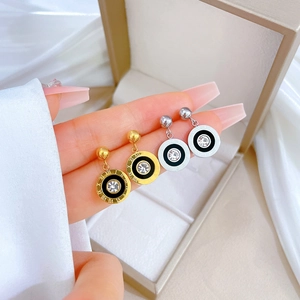 Minimalist Round Stud Earrings Titanium Steel Roman Numerals Black Enamel Rhinestone Geometric For Women Party