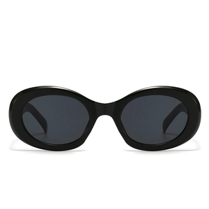 Classic retro oval sunglasses with shiny black frames and dark grey lenses in front view