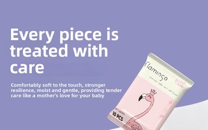 Detail of flamingo pattern on 10 PCS portable baby wipes for gentle newborn hand cleaning