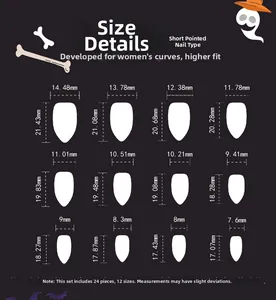 Size details chart for short almond press-on nails including dimensions for 24 pieces