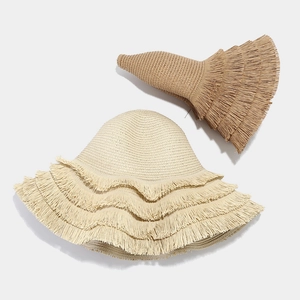 Elegant 15cm wide brim straw hat with fringe tassel details for beach vacation