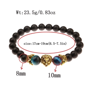 Black matte bead bracelet with golden lion head and blue tiger eye stones for men