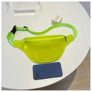 Detail view of neon green transparent PVC chest bag with zipper and buckle detail