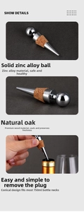 Detailed view of zinc alloy round head and natural oak tapered wine bottle stopper