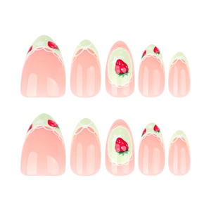 30pcs pink French almond press-on nails with strawberry prints and lace designs