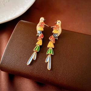 Parrot Long Tassel Drop Earrings With Colorful Enamel Zircon Copper And 925 Sterling Silver Earring Post For Women