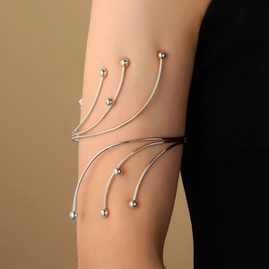 Minimalist silver multi-layer arm cuff bracelet with polished bead accents for women