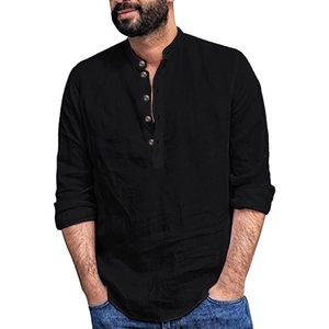 Men's casual loose long sleeve linen shirt with black mandarin collar and wood buttons