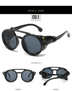 Detail of round steampunk sunglasses with side leather shields and gold rivets
