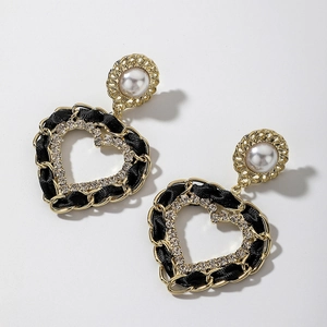 Boucles D'oreilles Cœur Avec Künstliche Perle D'imitation Strass Cuir Synthétique Et Tige En Argent Sterling 925 Style Vintage
