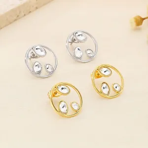 Minimalist Round Hoop Stud Earrings 316L Stainless Steel Rhinestone Inlaid Hollow Circle Trendy Elegant Jewelry Women