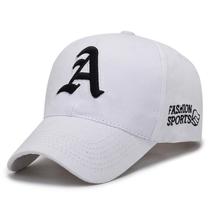 White baseball cap with black gothic letter A embroidery and sports icons for street style