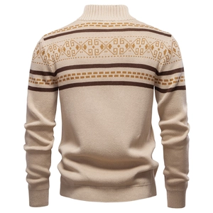 Detailed back view of men's beige knit cardigan featuring brown geometric jacquard pattern