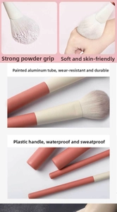 Detailansicht der weichen Synthetikborsten und korallenrosa Griffe beim Make-up Pinselset