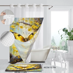 Détail de la texture antidérapante du tapis et des anneaux de crochet du rideau de douche