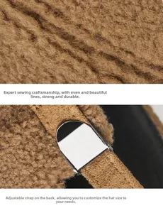 Detail view of brown fleece baseball cap showing metal buckle and sewing craftsmanship