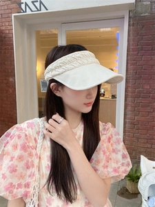 Macro detail of beige pleated sun visor hat with wide brim for outdoor UV protection