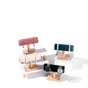 T-bar jewelry display stand with wooden base and velvet cushions in four colors