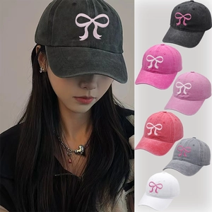 Washed Cotton Baseball Cap With Bow Embroidery Retro Vintage Breathable Peaked Sun Hat For Women Girls