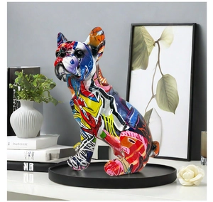 Detailed view of a colorful graffiti resin French Bulldog sculpture for modern home decor