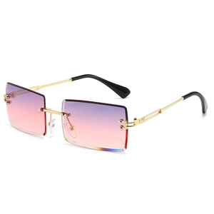 Frameless square sunglasses with purple-pink gradient lenses and gold metal frames