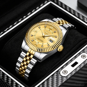 Detail of luxury men's steel watch with gold dial and roman numerals in gift box