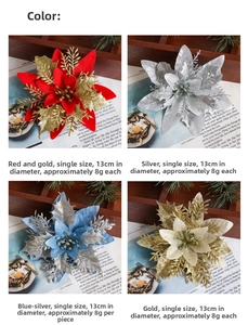 Detalle de flores de Navidad artificiales de 13cm con purpurina en cuatro colores festivos