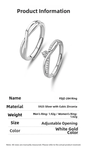 Detailed size chart for S925 sterling silver adjustable Mobius rings with weights