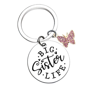 Porte-clés Big Sister Life en acier inoxydable avec pendentif papillon strass rose
