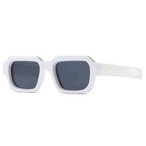 Retro small rectangle sunglasses with a white frame and dark grey lenses in 45-degree view